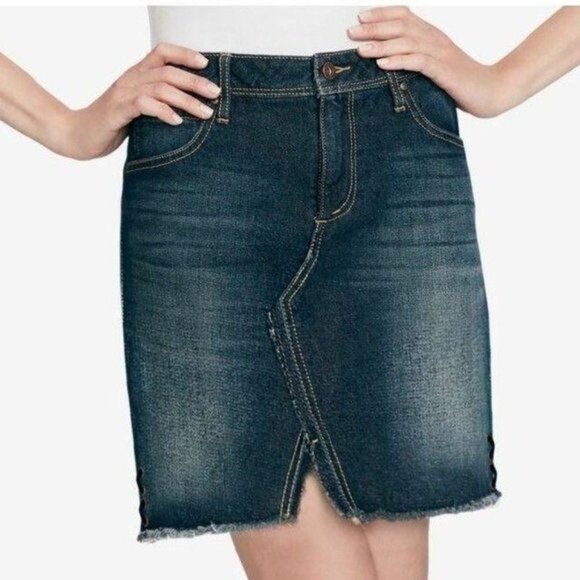 Jessica Simpson Denim Skirt Mini Adorn High Rise Waist Women Sz 29 NEW Dark Wash - Picture 1 of 10